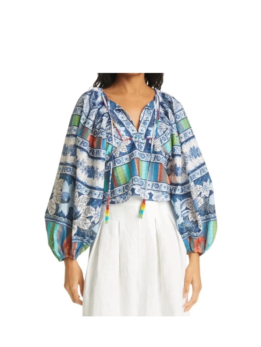 Farm rio Boho Blue Palms Multi-Stripe Peasant Blouse beaded Tassel Ties Sz Lg